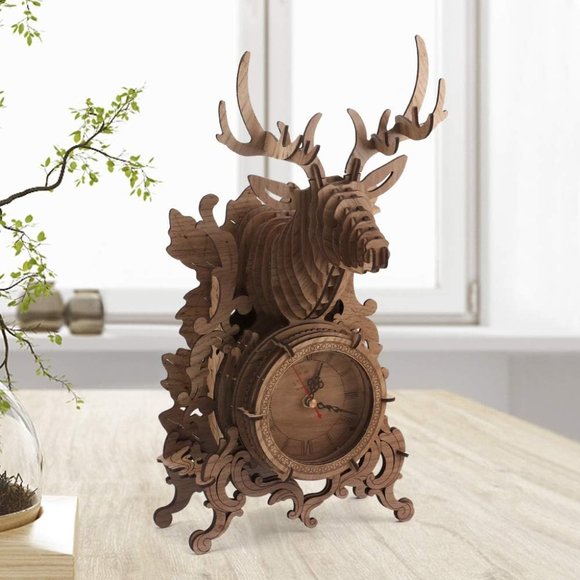 Nicknack 3D Jigsaw Puzzle Wooden Reindeer Desk Clock Model Kits - 52 PCS (Dark) - Picture 10 of 11